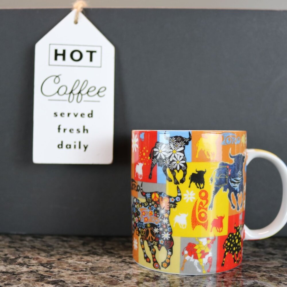 Vintage Toro Bull Flowers Madrid Colorful Coffee Mug.  Made in Spain.  12 oz